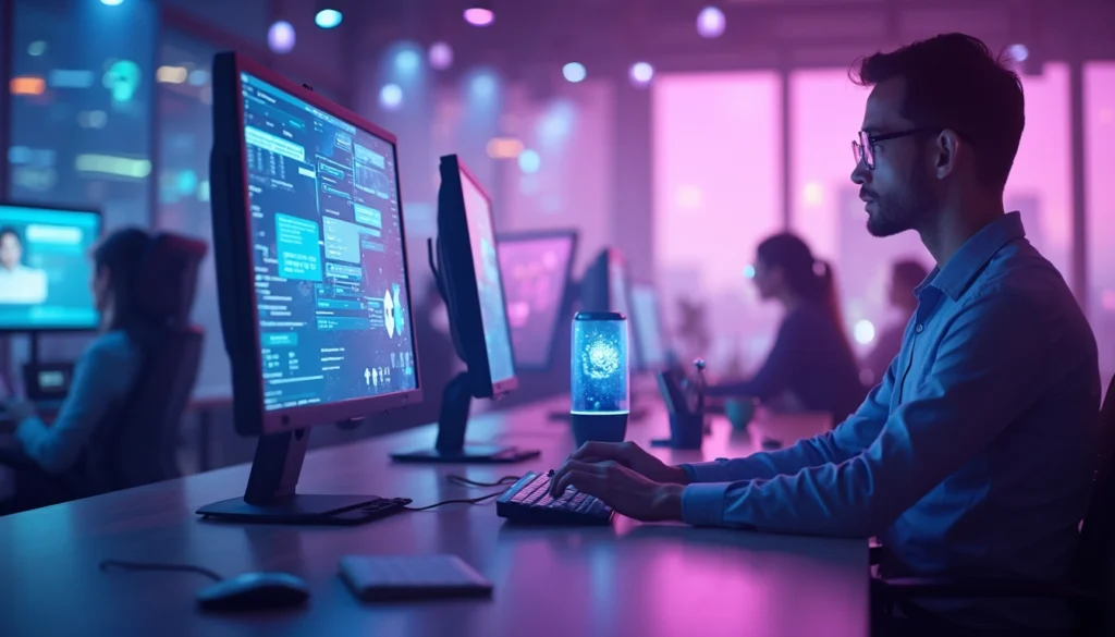 Illustration d'un chatbot interagissant avec un utilisateur sur un écran d'ordinateur