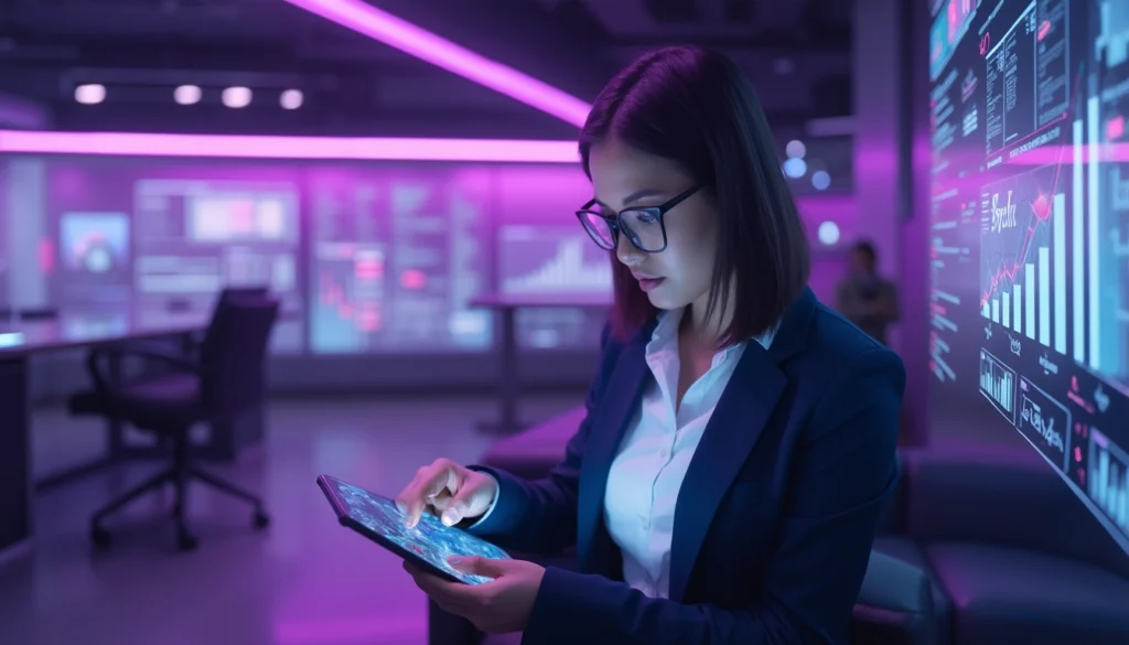 Illustration montrant l'IA dans la gestion des stocks avec chatbots et analyse de données