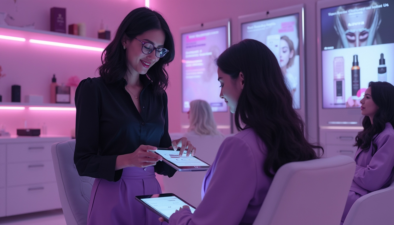 Chatbot beauté interagissant avec un client dans un institut de beauté moderne