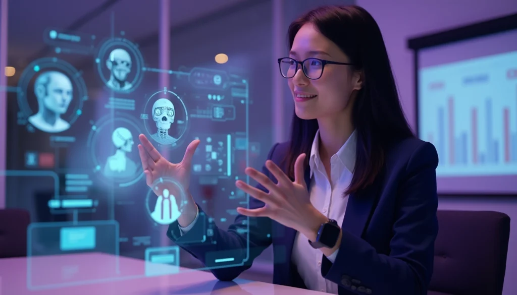 Illustration d'un chatbot et d'un voicebot interagissant avec des utilisateurs pour améliorer la productivité en entreprise