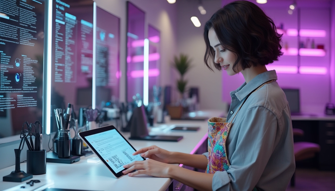 Illustration représentant l'intégration de l'IA dans un salon de coiffure pour améliorer l'expérience client
