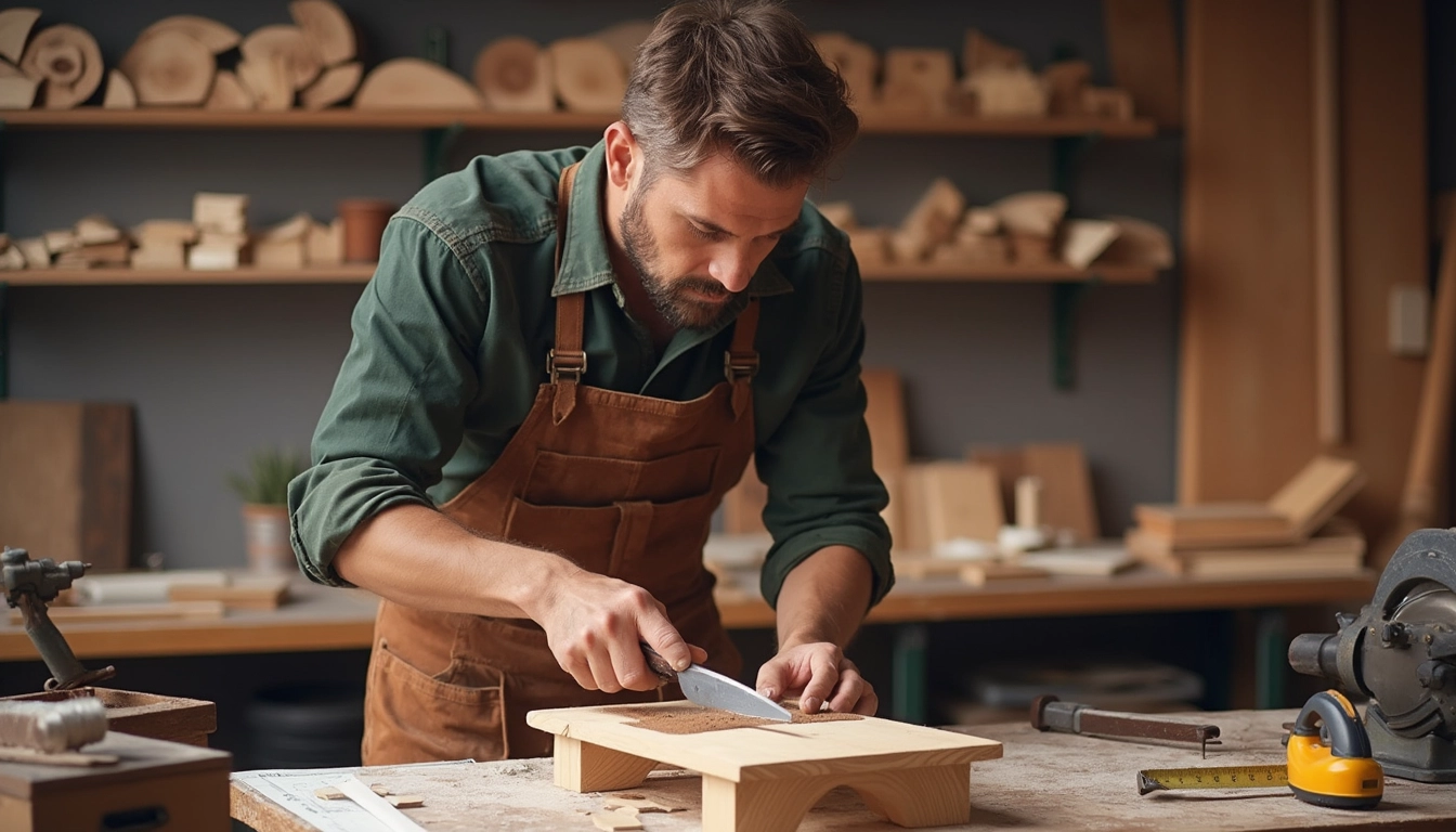 Ébéniste utilisant un logiciel d'automatisation comptable sur un ordinateur