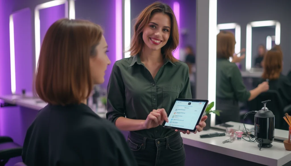 Salon de coiffure avec un client utilisant un chatbot pour prendre un rendez-vous en ligne