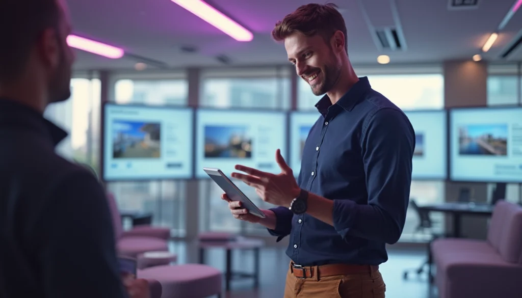 Chatbot interagissant avec divers clients dans une agence immobilière moderne.