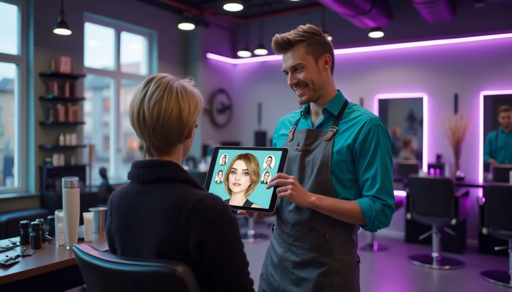 Salon de coiffure moderne utilisant des outils d'intelligence artificielle pour améliorer l'expérience client