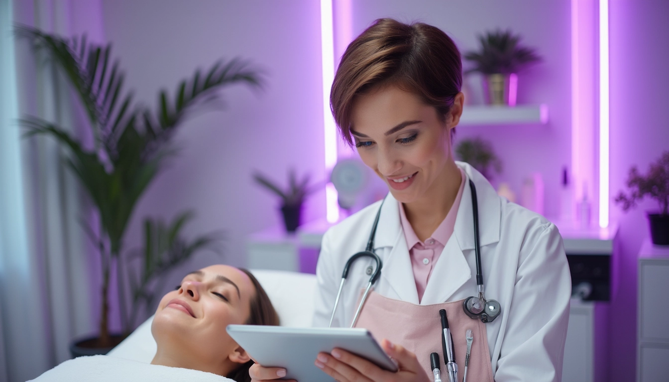 Femme utilisant un chatbot sur smartphone dans un institut de beauté moderne