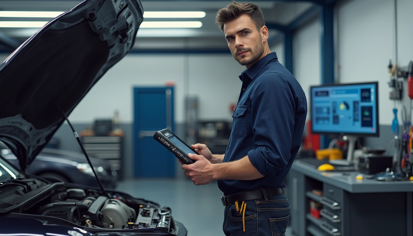 Image d'un garage automobile intégrant des outils d'automatisation digitale pour améliorer la productivité