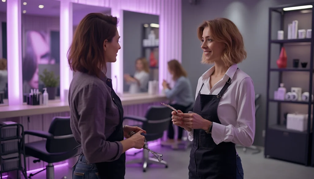 Illustration d'un chatbot IA interagissant avec un client dans un salon de coiffure