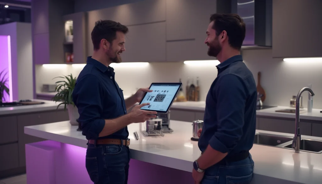 Illustration d'un cuisiniste utilisant un chatbot pour automatiser le service client