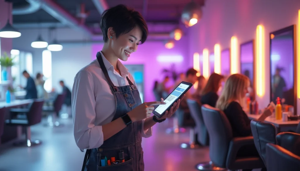 Salon de coiffure avec technologie d'automatisation pour la prise de rendez-vous.