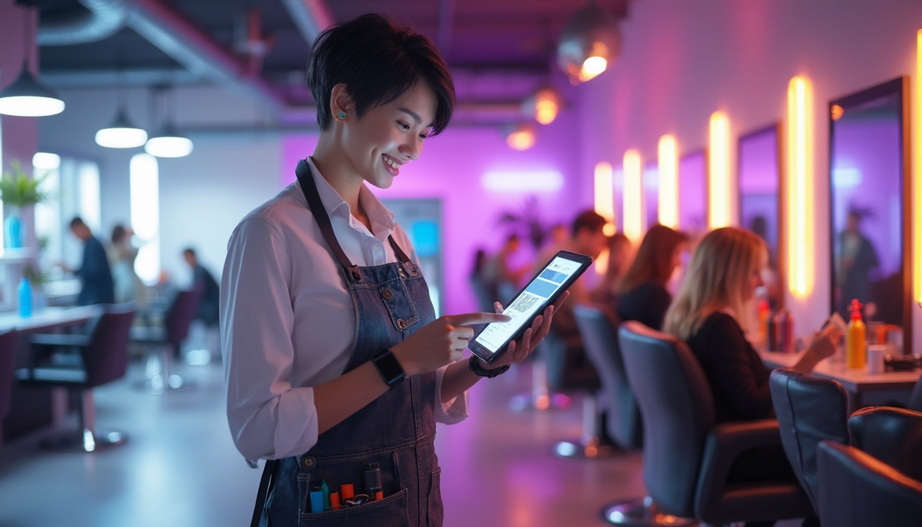Salon de coiffure avec technologie d'automatisation pour la prise de rendez-vous.