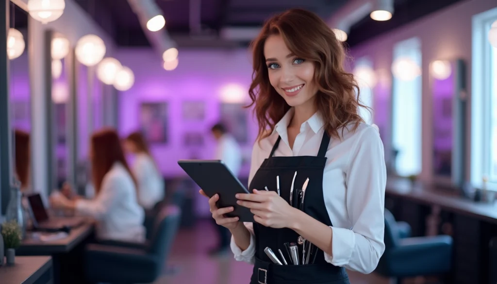 Un salon de coiffure avec un chatbot en action, facilitant la réservation en ligne