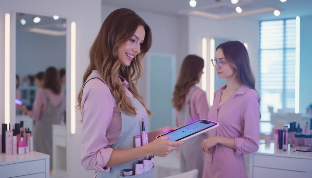 Illustration de l'impact de l'intelligence artificielle dans le secteur de la beauté, avec un chatbot et des clients satisfaits