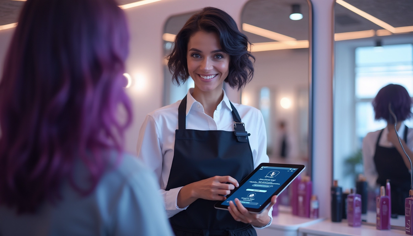 Chatbot IA interactif sur un écran dans un salon de coiffure