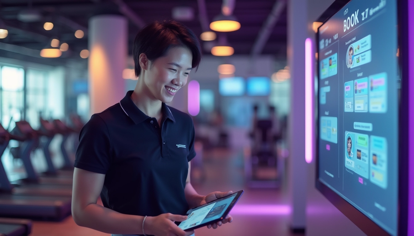 Intérieur moderne d'un centre de fitness avec des systèmes d'automatisation digitale