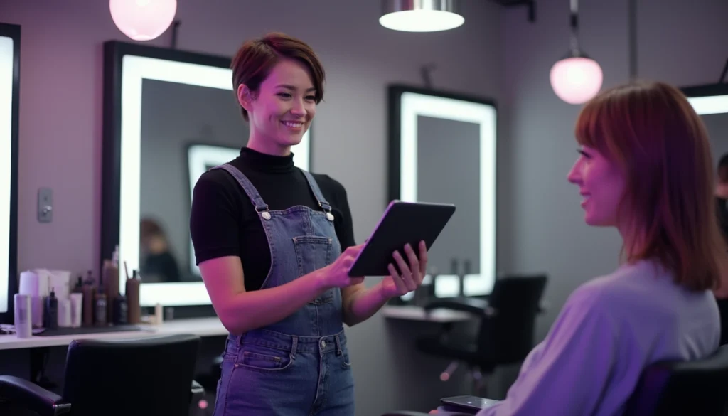 Un chatbot interactif assisté par intelligence artificielle dans un salon de coiffure, facilitant la communication client