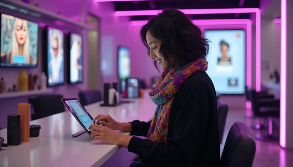 Chatbot commercial interactif sur l'écran d'un salon de coiffure.