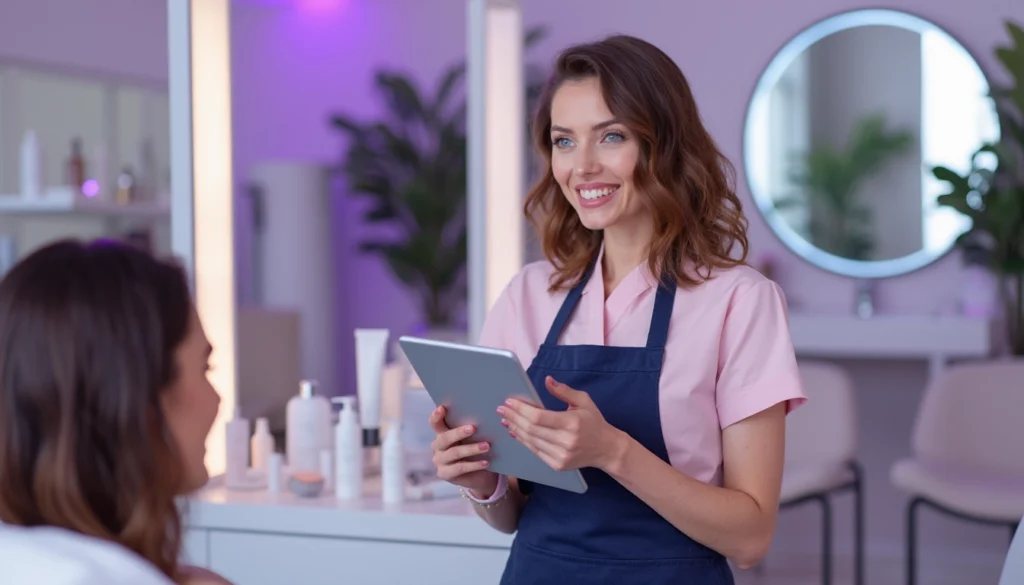 Chatbot sur un écran dans un institut de beauté, illustrant l'automatisation des services client