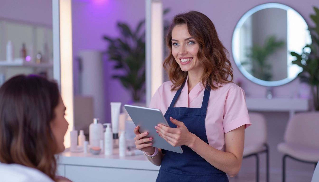 Chatbot sur un écran dans un institut de beauté, illustrant l'automatisation des services client