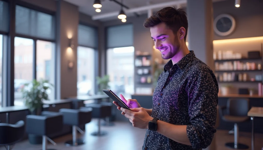 Chatbot IA interagissant avec un client dans un salon de coiffure moderne