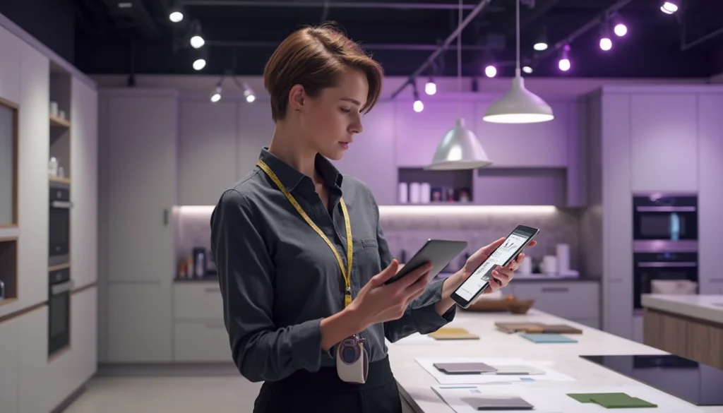 Interface d'un chatbot sur un site de cuisiniste offrant un service client 24/7