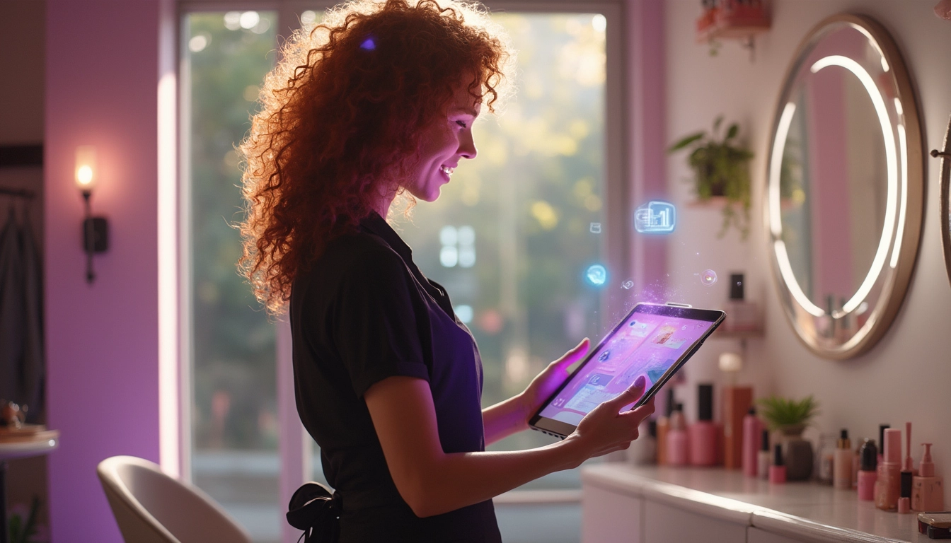 Illustration montrant l'intégration de l'intelligence artificielle dans un institut de beauté moderne