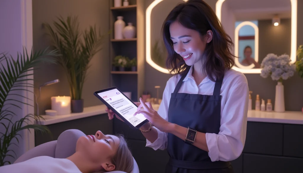 Illustration d'un chatbot interagissant avec des clients dans un institut de beauté