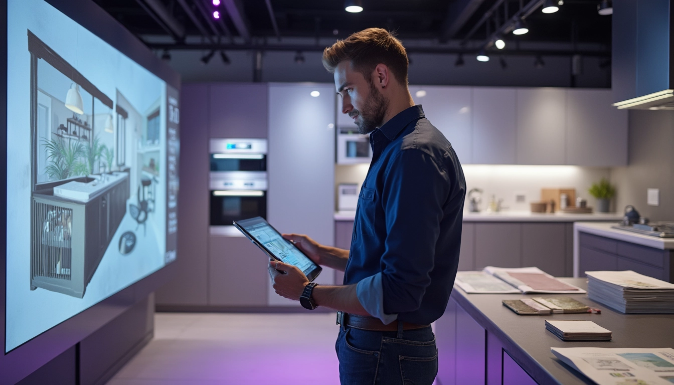 Illustration montrant une cuisine moderne améliorée par des outils d'intelligence artificielle pour les cuisinistes